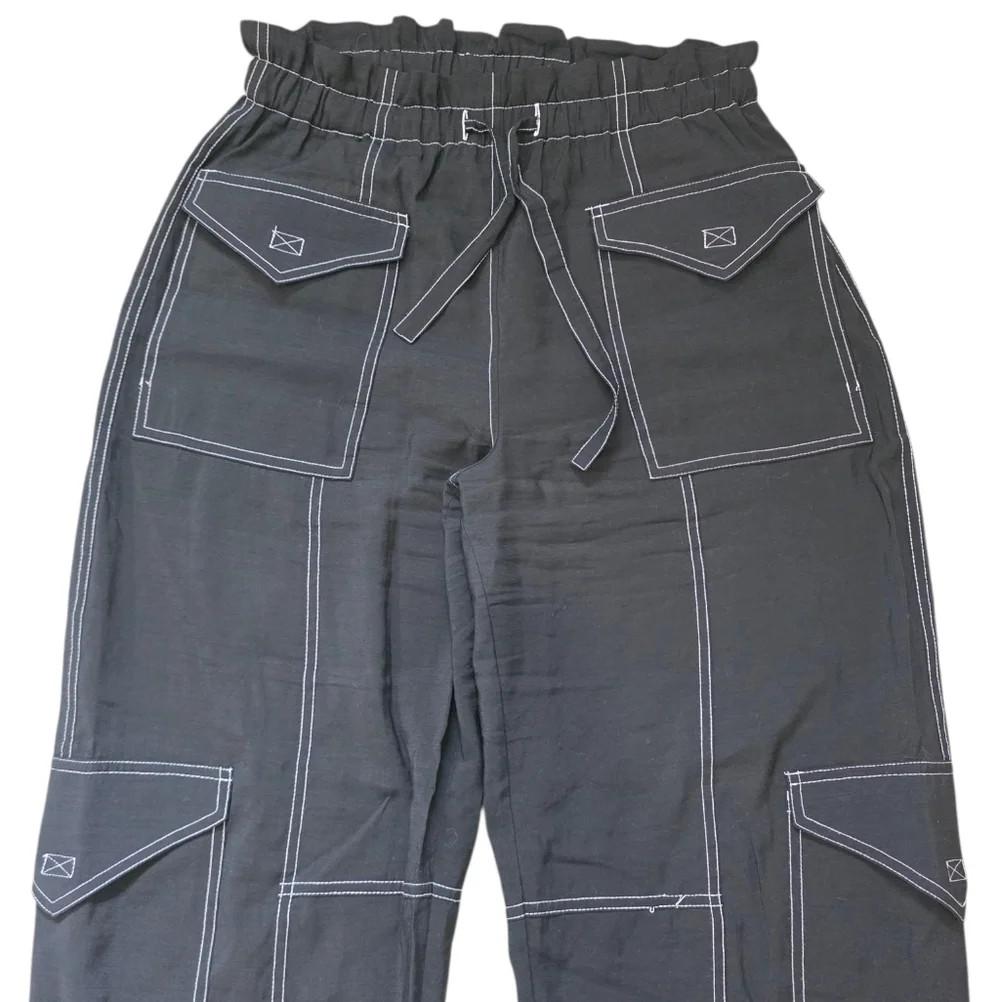 GANNI Wide Leg Cargo Pants Black with White Stitching Size 38 - Picture 5 of 11